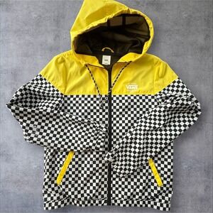 Vans Checkerboard Windbreaker Women's Large Yellow Black Hooded Jacket Skate